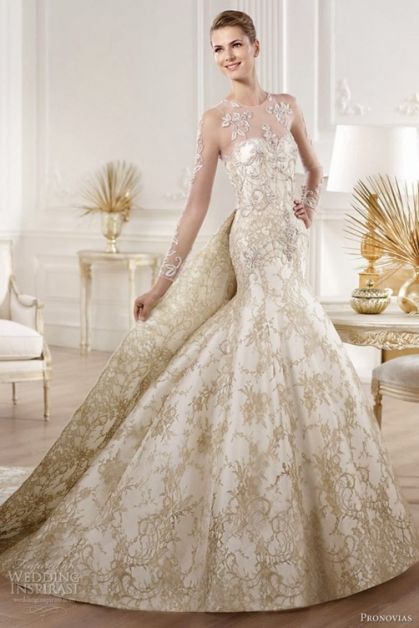 white and gold lace wedding dress